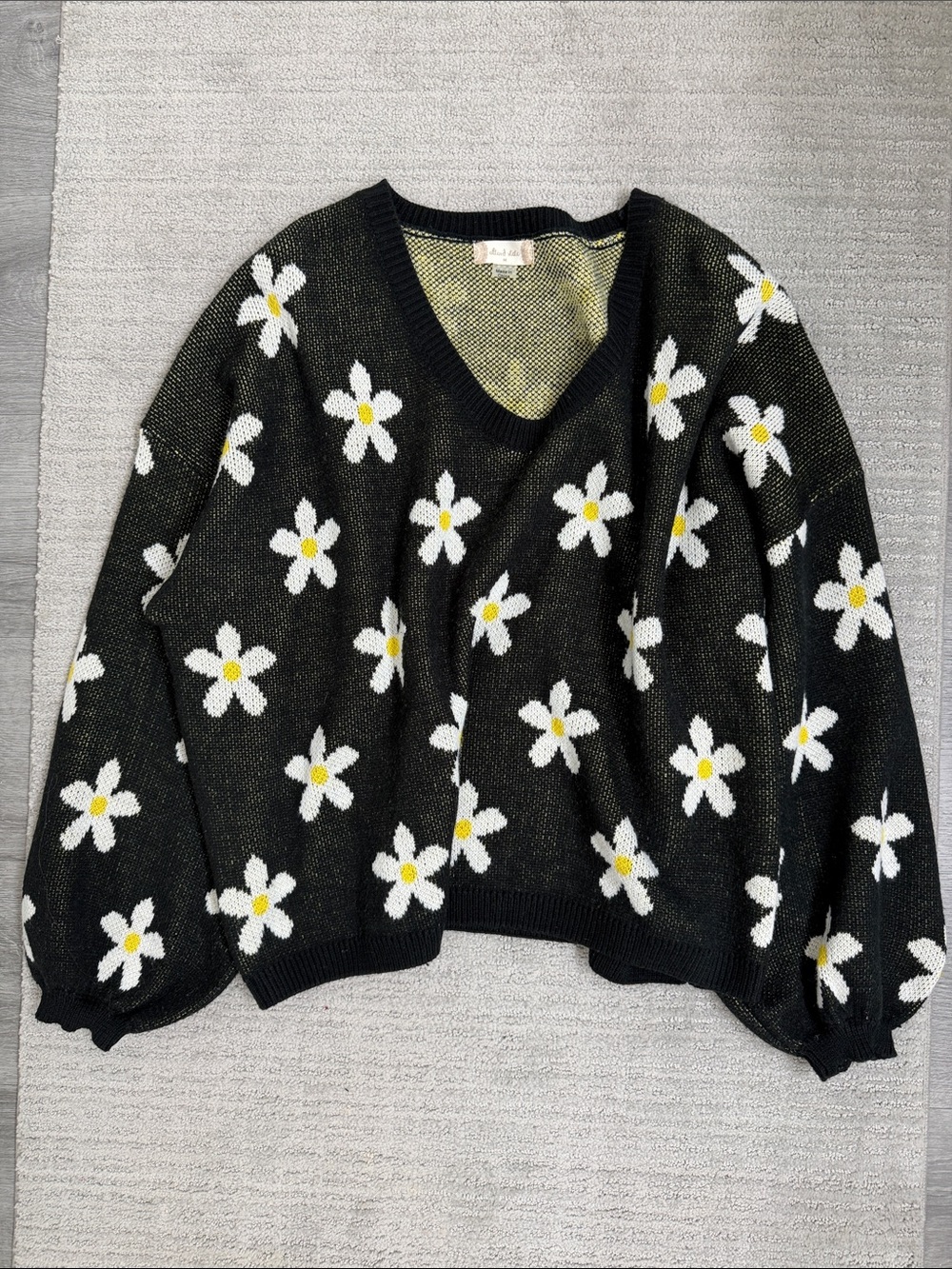 Altar'd State Black V-Neck Daisy Knit Sweater